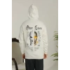 Erkek Sırt Baskılı Oversize Üç İplik Kapüşonlu Sweatshirt - Beyaz