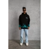 Erkek Üç İplik İçi Pamuklu Alev Baskılı Kapüşonlu Sweatshirt - Siyah
