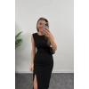 Kadın Askılı Kolsuz Belden Büzgülü Yırtmaçlı Midi Janjan Krep Elbise