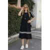Kadın Kısa Kollu Bisiklet Yaka şerit Detaylı Midi Viskon Elbise