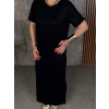 Kadın Kısa Kollu Bisiklet Yaka Yırtmaçlı Viskon Iki Iplik Elbise