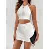 Kadın Sıfır Kol Crop Mini Etek Ikili Triko Takım