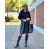 Kadın Uzun Kollu Kapüşon Ve Deri Detay Diz üstü Elbise