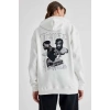 Kapüşonlu Sırt Baskılı Üç İplik Oversize Sweatshirt - Beyaz