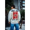 Oversize Bisiklet Yaka Üç İplik Baskılı SweatShirt - Beyaz