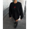 Oversize Üç İplik Bisiklet Yaka Baskılı SweatShirt - Siyah