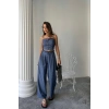TENCEL CROP ASKILI BLUZ - ŞALVAR PANTOLON TK - İndigo