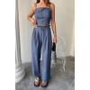 TENCEL CROP ASKILI BLUZ - ŞALVAR PANTOLON TK - İndigo