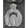 Üç İplik Kapşonlu Baskılı Oversize SweatShirt-  Beyaz