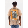 Unisex Baskılı Oversize T-Shirt - Bej