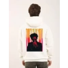Unisex Baskılı Oversize Üç İplik Kapüşonlu Sweatshirt - Beyaz