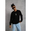 Unisex Bisiklet Yaka Baskılı Oversize Sweatshirt - Siyah