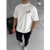Unisex Bisiklet Yaka Baskılı Oversize T-Shirt - Beyaz