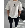 Unisex Bisiklet Yaka Baskılı Oversize T-Shirt - Beyaz