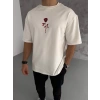 Unisex Bisiklet Yaka Baskılı Oversize T-Shirt - Beyaz
