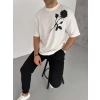 Unisex Bisiklet Yaka Baskılı Oversize T-Shirt - Beyaz