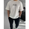 Unisex Bisiklet Yaka Baskılı Oversize T-Shirt - Beyaz