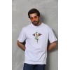 Unisex Bisiklet Yaka Baskılı Oversize T-Shirt - Beyaz
