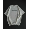 Unisex Bisiklet Yaka Baskılı Oversize T-Shirt - Beyaz
