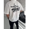 Unisex Bisiklet Yaka Baskılı Oversize T-Shirt - Beyaz