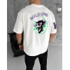 Unisex Bisiklet Yaka Baskılı Oversize T-Shirt - Beyaz