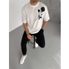 Unisex Bisiklet Yaka Baskılı Oversize T-Shirt - Beyaz