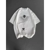 Unisex Bisiklet Yaka Baskılı Oversize T-Shirt - Beyaz