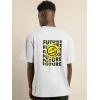 Unisex Bisiklet Yaka Baskılı Oversize T-Shirt - Beyaz