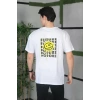 Unisex Bisiklet Yaka Baskılı Oversize T-Shirt - Beyaz