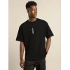 Unisex Bisiklet Yaka Baskılı Oversize T-Shirt - Siyah
