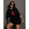 Unisex Bisiklet Yaka Baskılı Oversize T-Shirt - Siyah