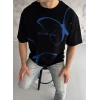 Unisex Bisiklet Yaka Baskılı Oversize T-Shirt - Siyah