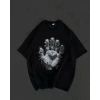 Unisex Bisiklet Yaka Baskılı Oversize T-Shirt - Siyah