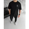 Unisex Bisiklet Yaka Baskılı Oversize T-Shirt - Siyah