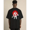 Unisex Bisiklet Yaka Baskılı Oversize T-Shirt - Siyah