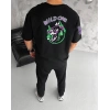 Unisex Bisiklet Yaka Baskılı Oversize T-Shirt - Siyah
