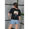 Unisex Bisiklet Yaka Baskılı Oversize T-Shirt - Siyah