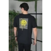 Unisex Bisiklet Yaka Baskılı Oversize T-Shirt - Siyah