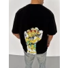 Unisex Bisiklet Yaka Baskılı Oversize T-Shirt - Siyah
