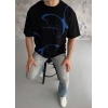 Unisex Bisiklet Yaka Baskılı Oversize T-Shirt - Siyah