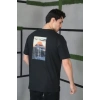 Unisex Bisiklet Yaka Baskılı Oversize T-Shirt - Siyah