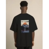 Unisex Bisiklet Yaka Baskılı Oversize T-Shirt - Siyah