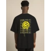 Unisex Bisiklet Yaka Baskılı Oversize T-Shirt - Siyah