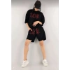 Unisex Nakış İşlemeli Şort Takım - Siyah
