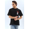 Unisex Oversize Baskılı Bisiklet Yaka T-Shirt - Siyah
