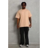 Unisex Oversize Düz Bisiklet Yaka T-Shirt - Bej