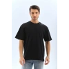 Unisex Oversize Düz Bisiklet Yaka T-Shirt - Siyah