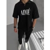 Unisex Yarım Fermuarlı Baskılı T-Shirt - Siyah