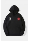 10 Kasıma Özel Üç İplik Kapşonlu Baskılı SweatShirt - Siyah
