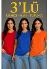 3’lü Kısa Kollu Bisiklet Yaka Basic Slim Fit T-Shirt - Kırmızı - Mavi - Turuncu